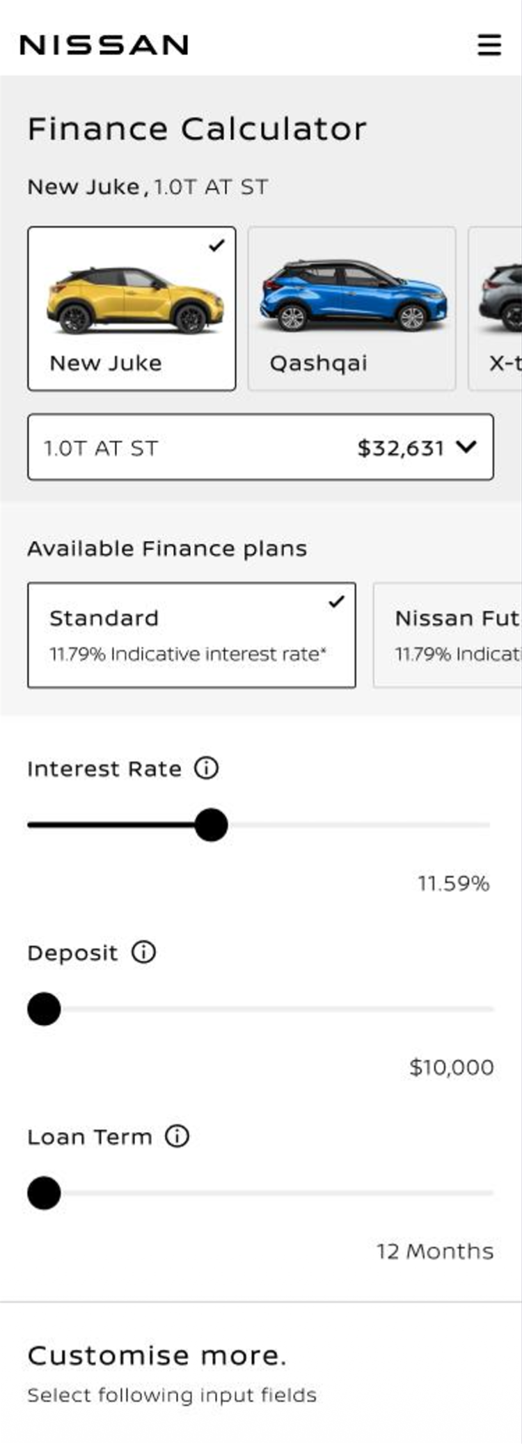 Direction A mobile finance prototype: image-led model selection above the finance inputs