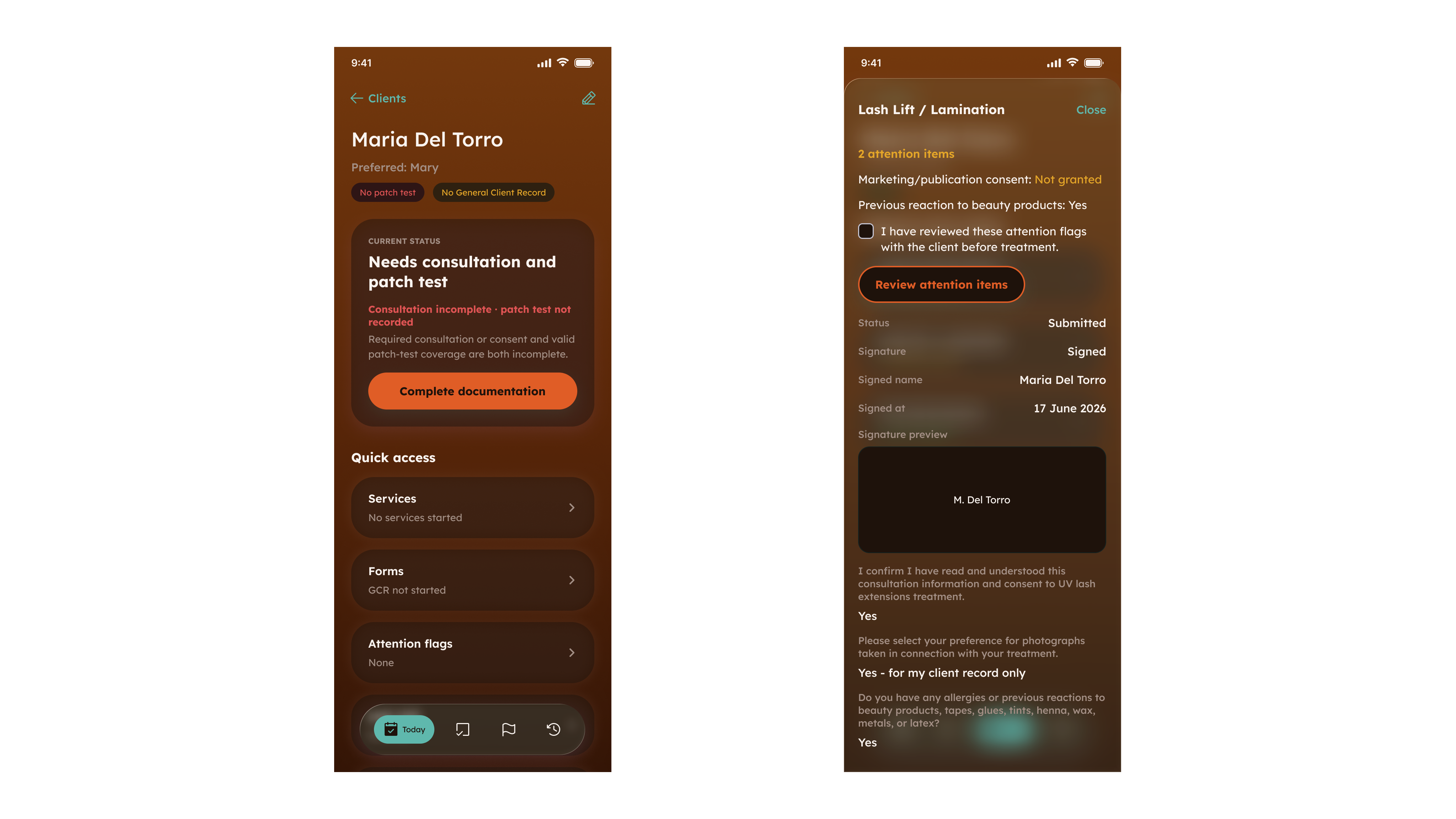 Two phone screens side by side. On the left a client profile carrying “No patch test” and “No General Client Record” badges, with the status “Needs consultation and patch test” and a “Complete documentation” action. On the right a submitted, signed consultation listing two attention items, with a checkbox confirming they have been reviewed with the client before treatment.