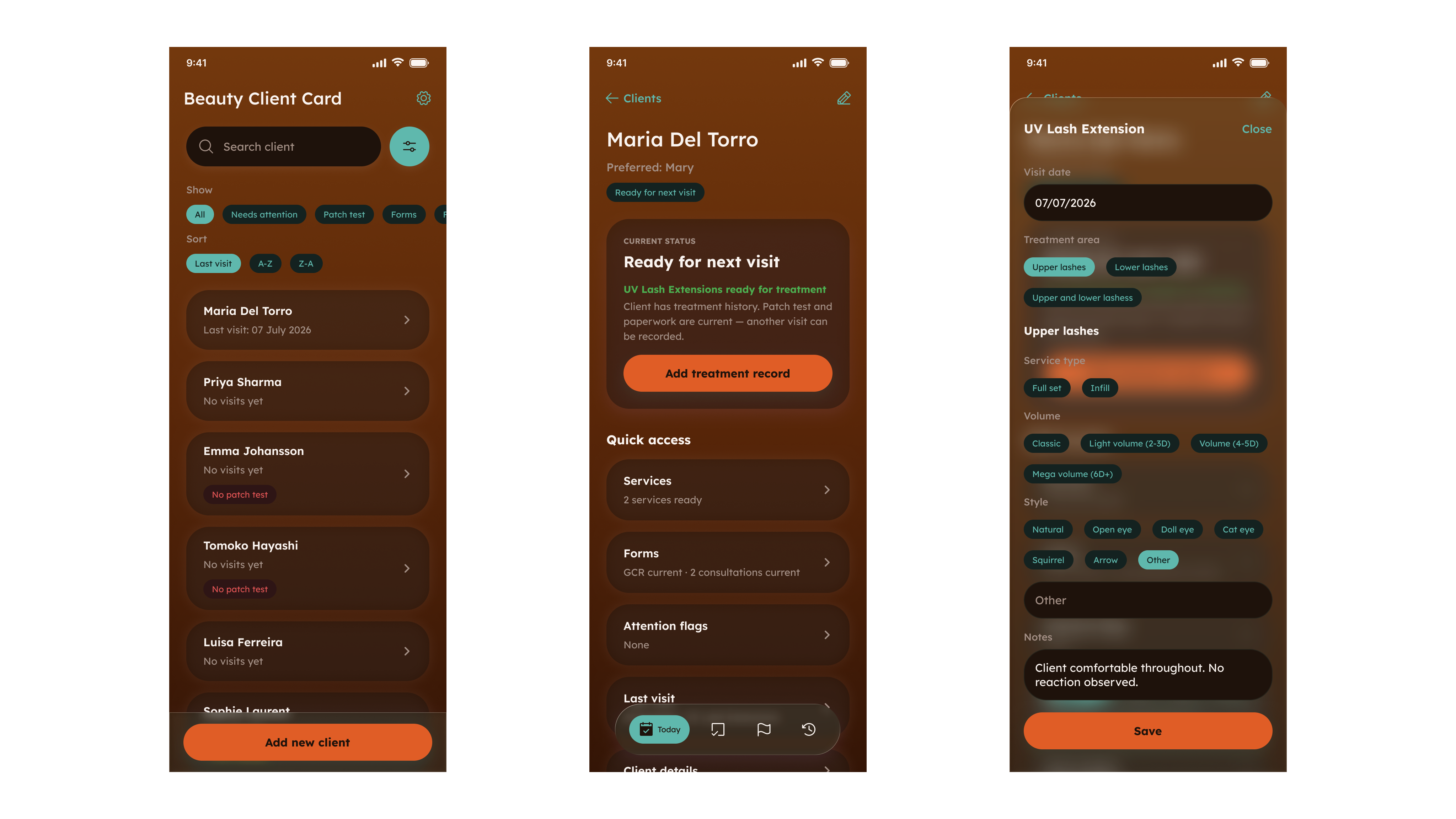 Three phone screens. The client list with a search field, show and sort filters and one summary line per client. A client profile headed “Ready for next visit”, with quick access to services, forms, attention flags and last visit. The add-treatment sheet with visit date, treatment area, service type, volume, style and notes.