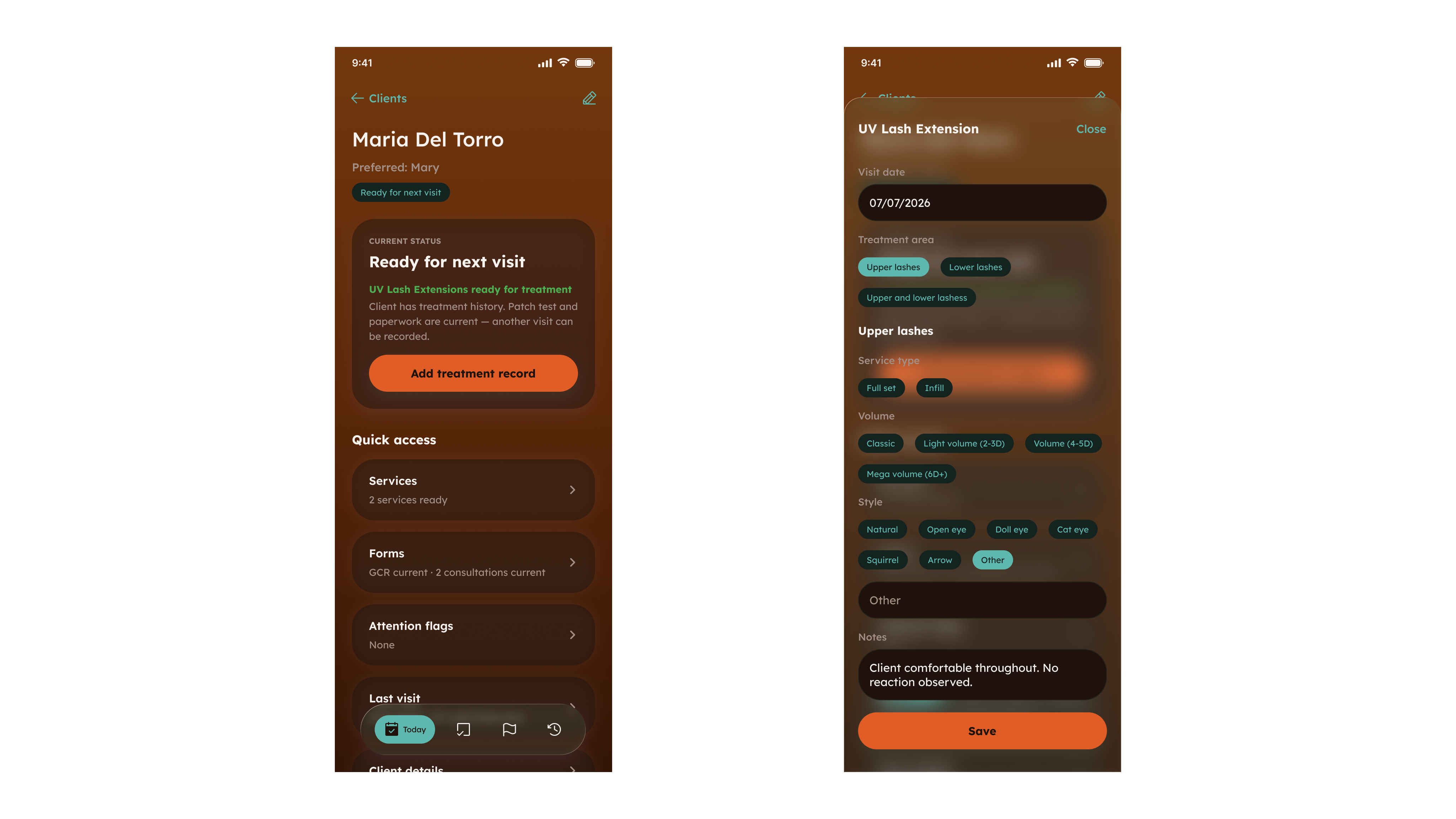Two phone screens showing the everyday treatment path: a client profile in the “Ready for next visit” state with the treatment action available, and the add-treatment sheet part-completed with visit date, treatment area, service options and notes.