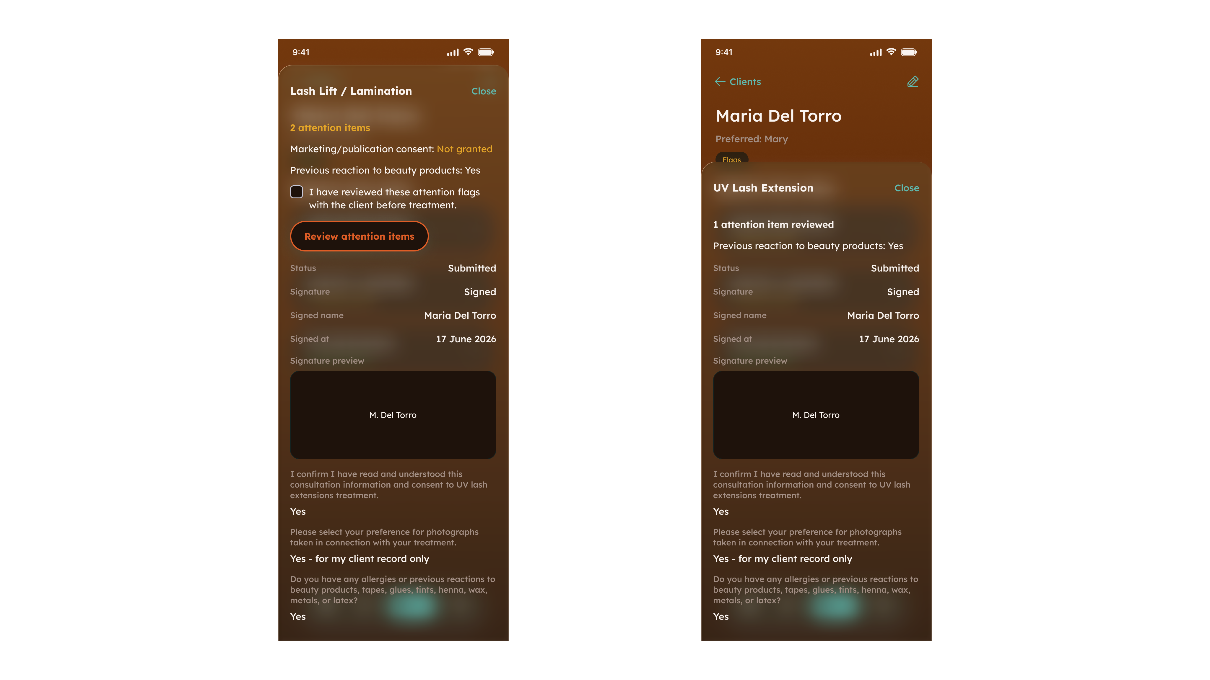 Two phone screens of consultation records. On the left, two attention items including a declared previous reaction to beauty products, with an unchecked confirmation that they have been reviewed with the client before treatment. On the right, the same kind of record after review, reading “1 attention item reviewed” above the same declared reaction.
