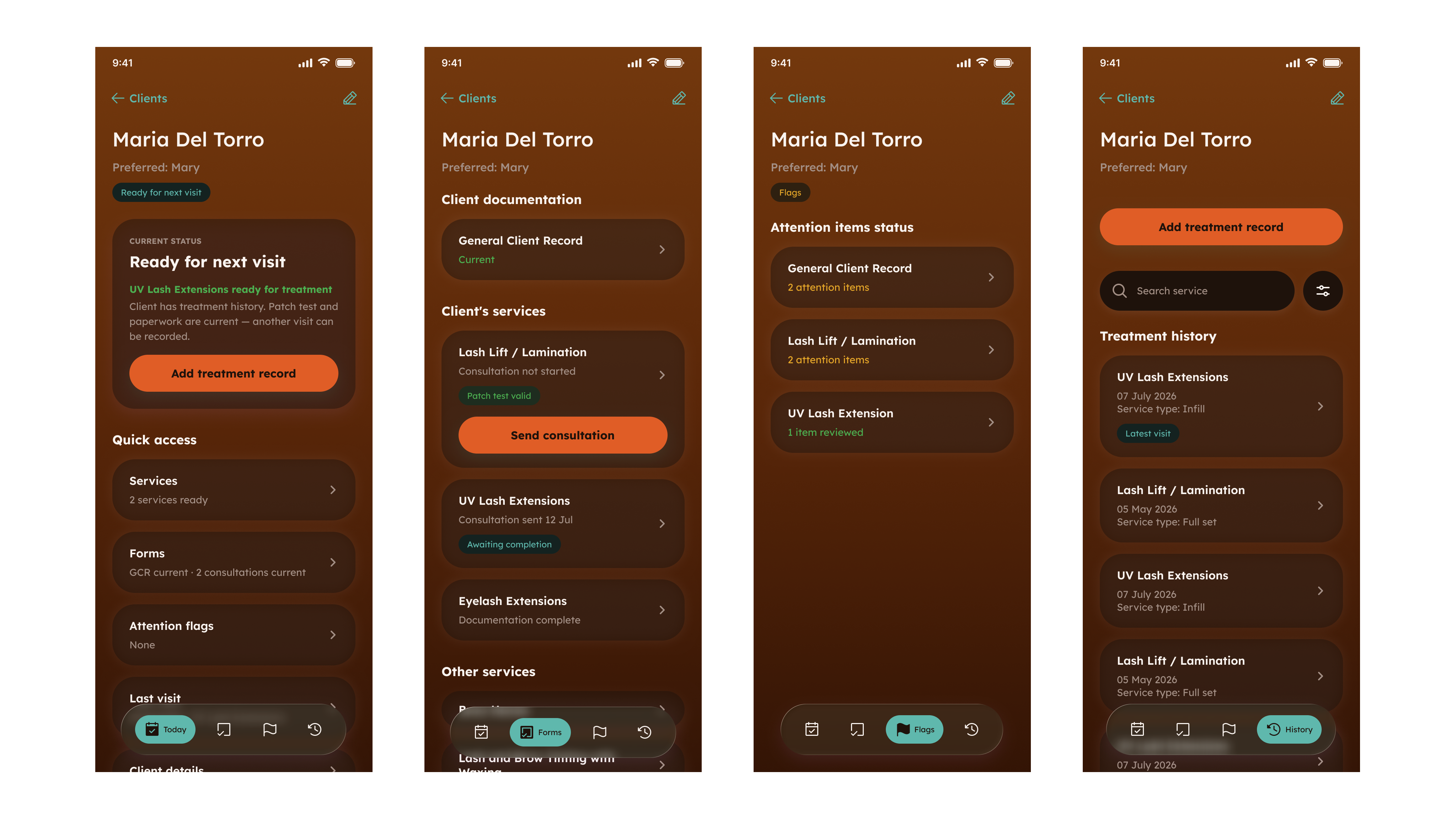 Four phone screens for the same client, one per tab. Today, showing current status and quick access. Forms, listing client documentation and per-service states such as “Patch test valid” and “Awaiting completion”. Flags, listing attention items per service. History, listing past treatments with dates and service types.