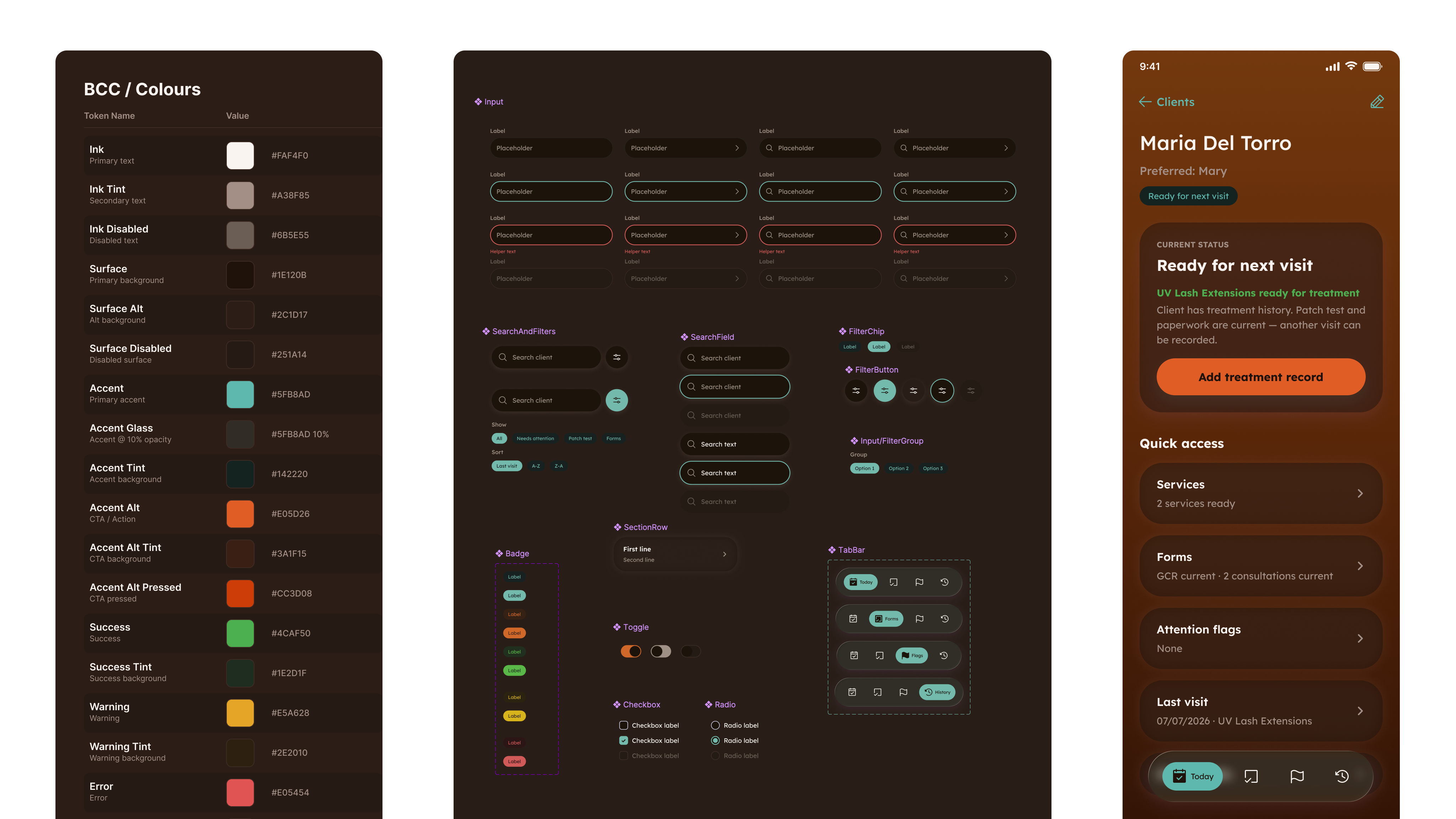 Three panels. A colour token table naming ink, surface, accent, success, warning and error values. A component sheet showing input, search and filter, badge, toggle, checkbox, radio, section row and tab bar variants and states. The product screen those components assemble into.