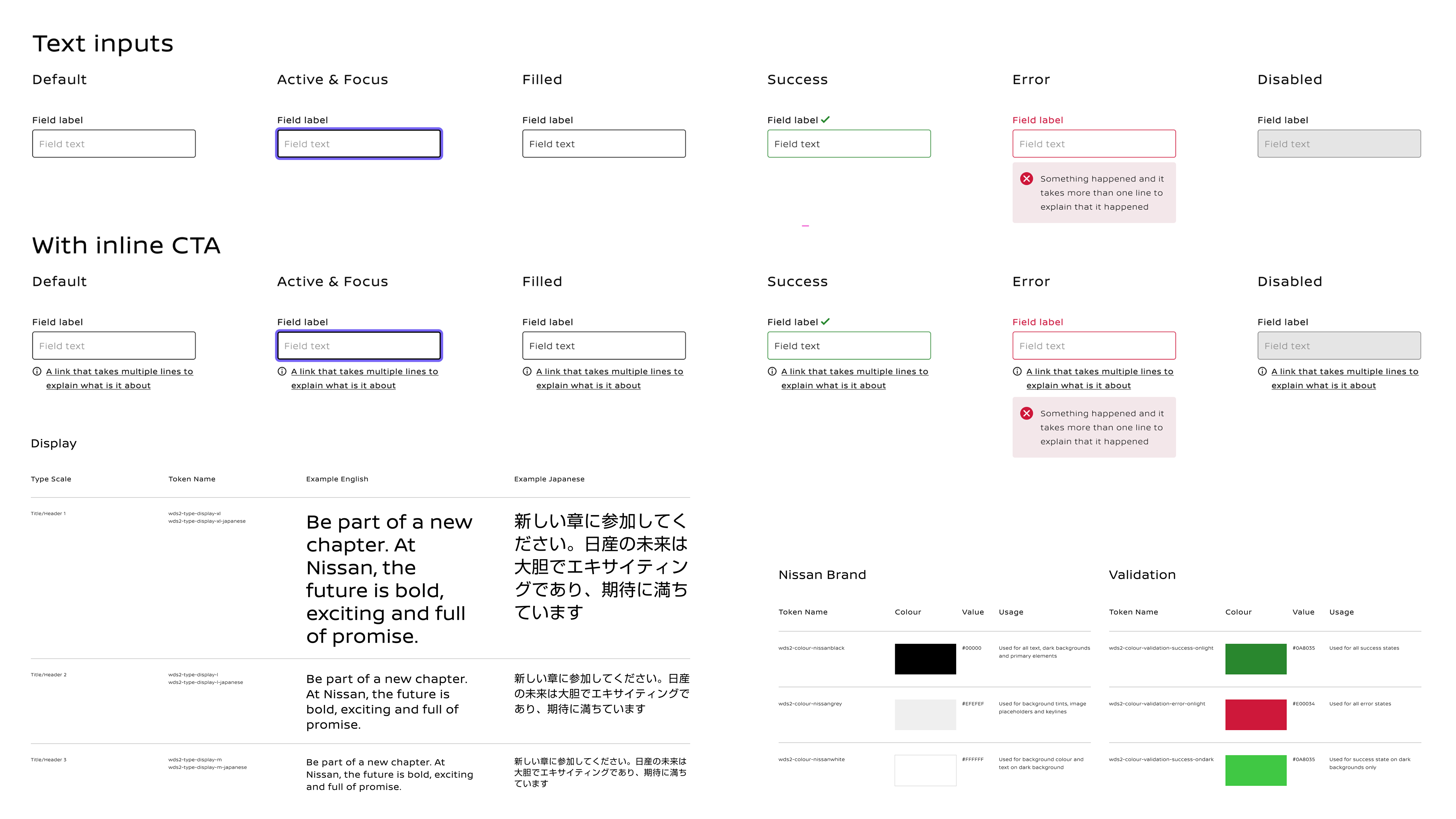 Design-system foundations showing component states, multilingual typography and semantic colour roles
