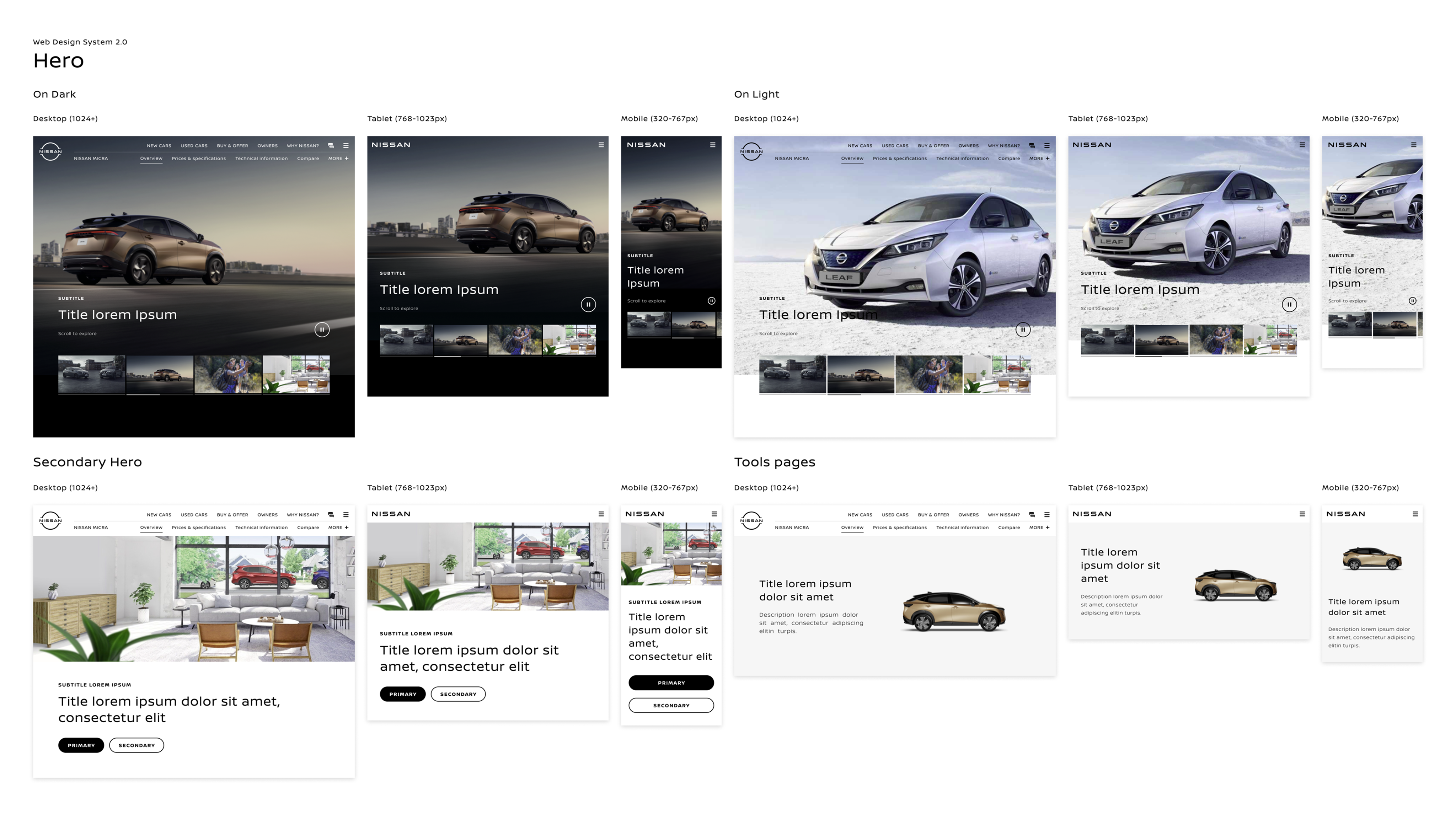 Responsive hero patterns across desktop, tablet and mobile in light and dark contexts