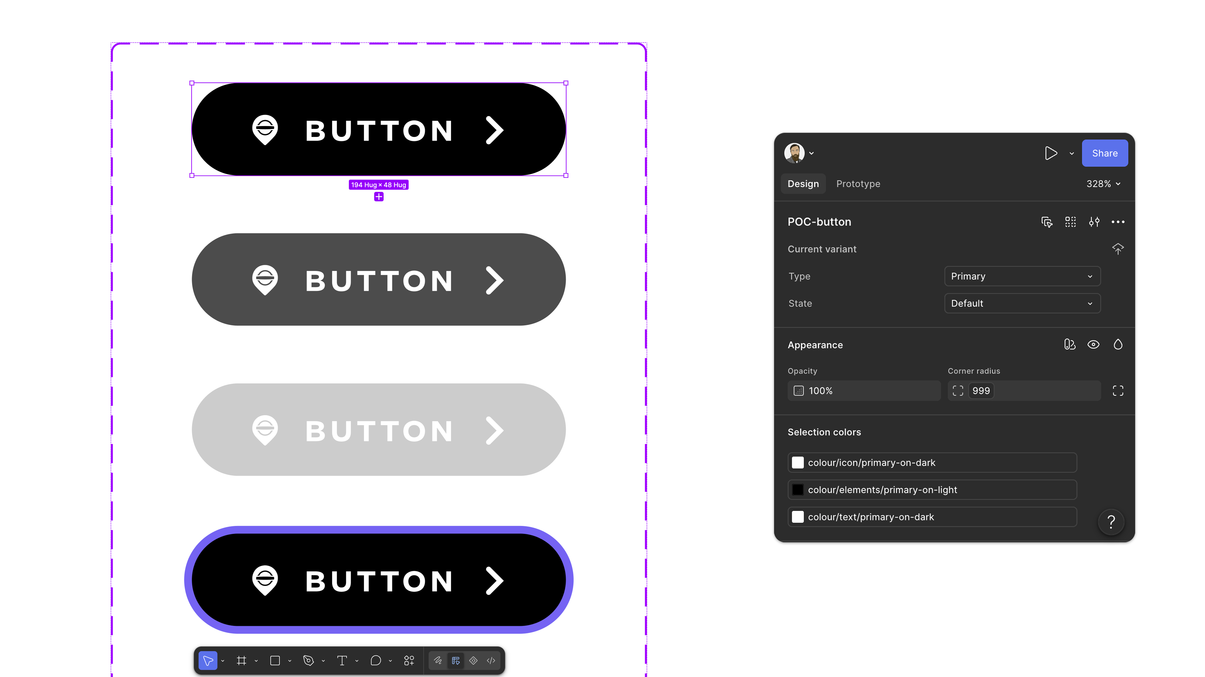 Button variants in Figma connected to semantic icon, element and text styling roles