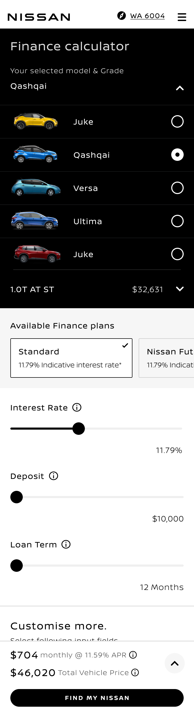 Vehicle context screen in the recommended finance direction