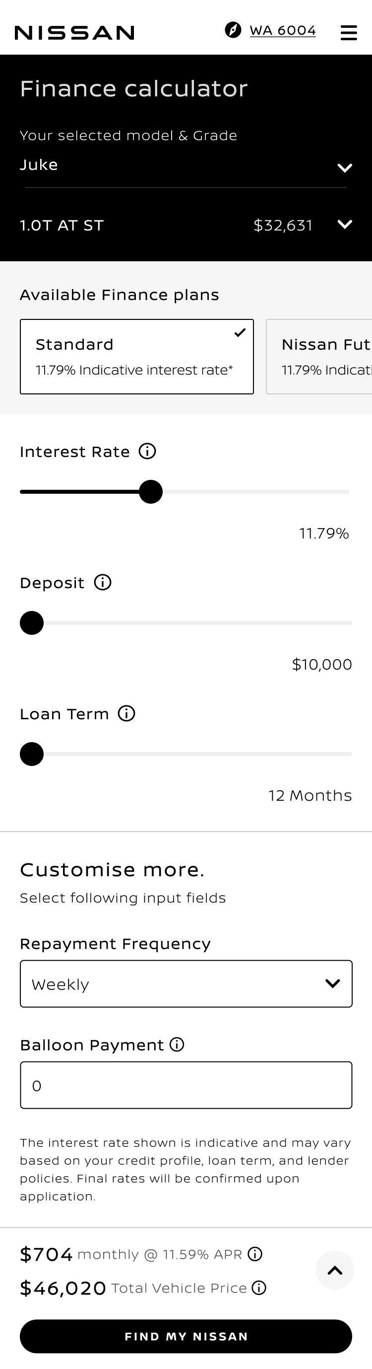 Finance configuration screen with repayment held against the inputs