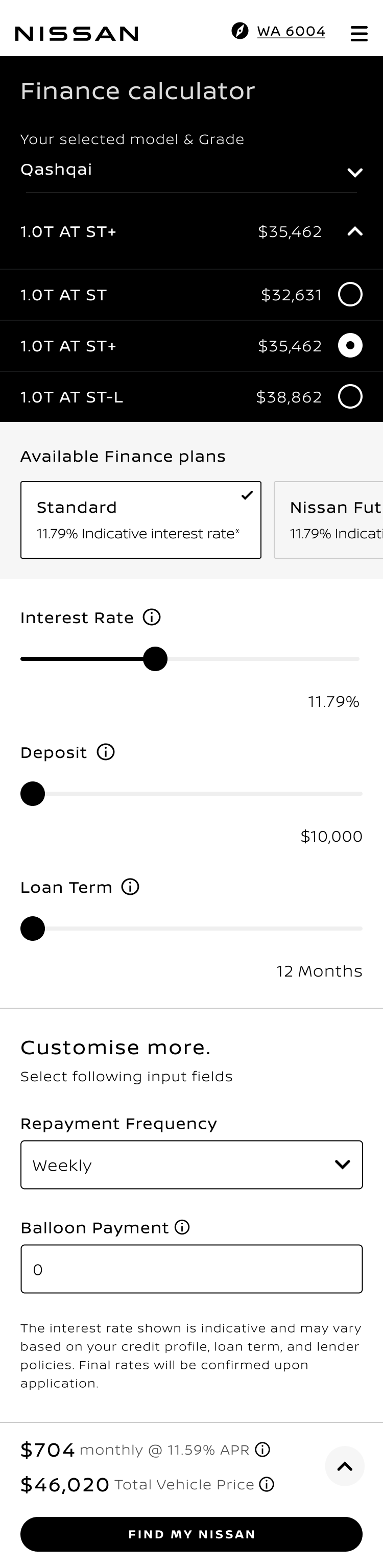 Finance controls with the monthly repayment and total price anchored at the foot of the screen