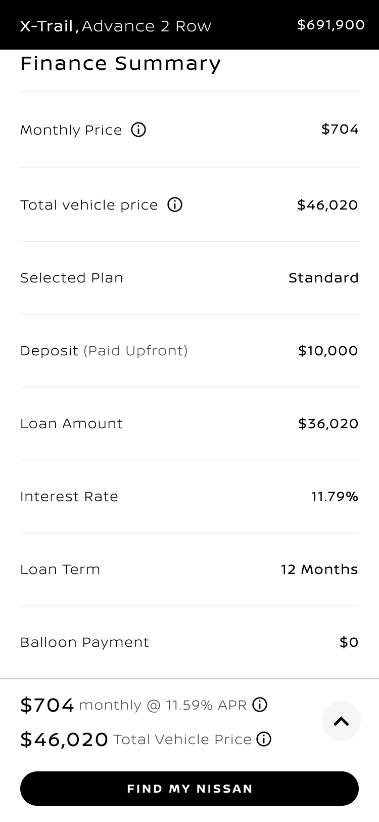 Finance decision summary screen reached inline after the inputs